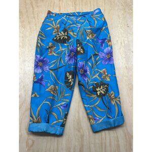 Silkland pants Floral Asian Cropped Blue‎ Sz 10 Tropical Hawaiian 100% Silk
